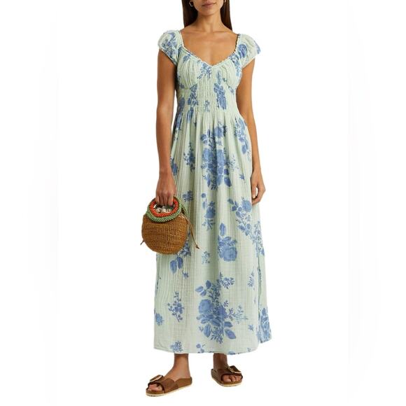 FREE PEOPLE Milkmaid Midi Dress Sundress Blue Floral Gauzy CottageCore Cotton M - Picture 13 of 13